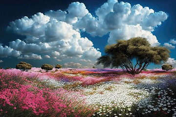 Wall Mural - field of flowers and fluffy clouds, ai generated