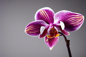 Poster - Purple orchid flowers on stem on branch on gray background., created with generative ai