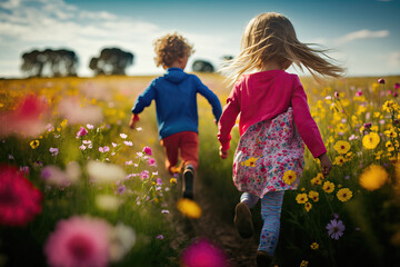 backside of children running through flower field, ai generated