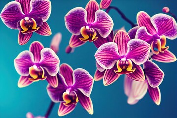 Wall Mural - Bright exotic orchid flowers on branch on blue background., created with generative ai