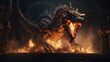 Fire breathes explode from a giant dragon in a black night. Generative Ai
