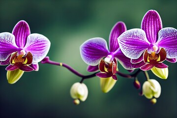 Sticker - Purple orchid flowers with buds in tropical garden on blurred background., created with generative ai