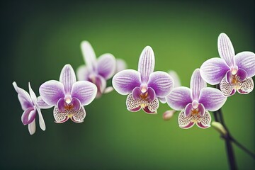 Wall Mural - White with purple veins petals of orchid flowers on blurred green background., created with generative ai