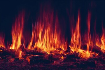 Canvas Print - Burning campfire or firewood in the dark., created with generative ai