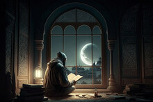 Muslim Man Reads The Koran (al Quran) Book At Night Near The Window Under The Ramadan Moon Light. Ai Generated Art