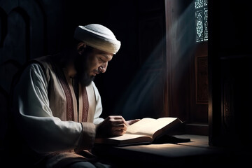 Muslim man reads the Koran (al quran) book at night near the window under the Ramadan Moon Light. Ai generated art. Not a real person.