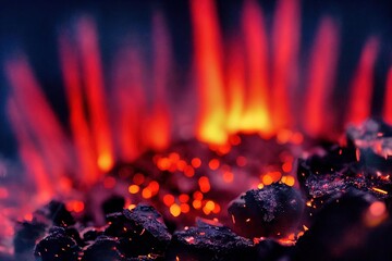 Wall Mural - fire with burning firewood and smoldering coals in the dark., created with generative ai