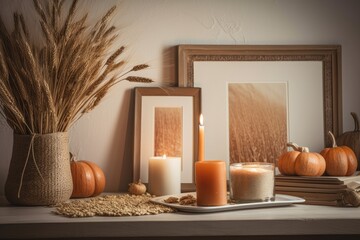 Canvas Print - Autumnal season, Thanksgiving, and harvest idea Interior of a Nordic kitchen with a faux picture frame, a candle, a tray with a vase of dried wheat, and pumpkins on a white table. Still life of autumn