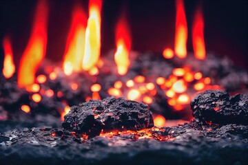 Wall Mural - fire with burning firewood and smoldering coals in the dark., created with generative ai