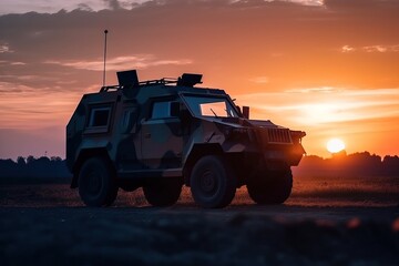 troops in the war. military patrol car at sunset. army war concept. silhouette of armored vehicle wi