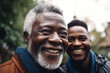 © TRINETTE + CHRIS - Black father and son smiling outdoors, close up. Generative AI.