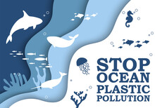 Stop Ocean Plastic Pollution Banner Design Template In Paper Cut Style. Marine Life And Fish Float In Sea. Seabed Reef, Whales In Waves On Coral Reef. Ecological Problem Poster On Blue Background