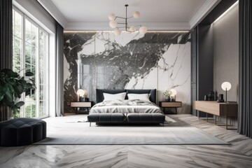 luxury bedroom interior with marble flooring. generative ai
