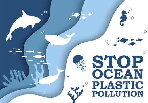 stop ocean plastic pollution banner design template in paper cut style. marine life and fish float i
