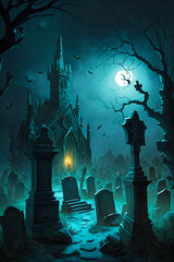 Canvas Print - Cemetery at night with tombstones and full moon in the sky. Generative AI.