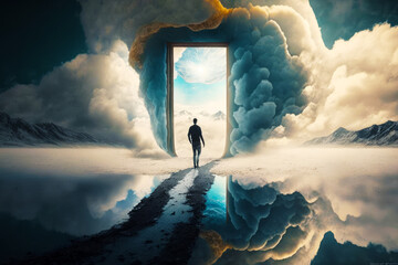 Sticker - Man is walking out of open door into surreal sky filled with clouds. Generative AI.