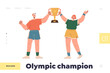Landing page design template with happy olympic champion holding golden trophy cup