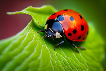 Sticker - Ladybug sitting on green leaf with black dots on it's body. Generative AI.