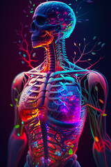 Poster - 3d image of human skeleton with tree in the middle of the body. Generative AI.