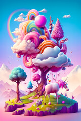 Poster - unicorn standing in front of tree with rainbow in the sky. generative ai.