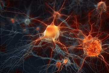 Poster - Neuron cells on abstract background, neural connections in the human brain, glowing synapses in nervous system. Created with Generative AI