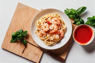 Poster - Pasta with shrimp on board, tomato sauce and herbs., created with generative ai