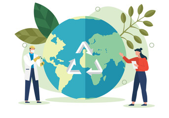 Wall Mural - green technology, environmental care and sustainable development banner with man and woman holding r