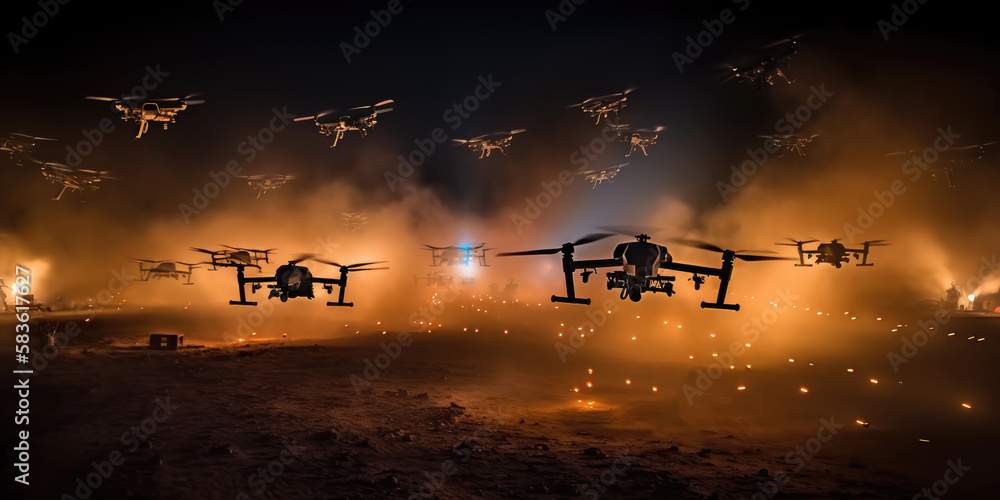 Military drone swarm over war zone by generative AI Stock Illustration ...