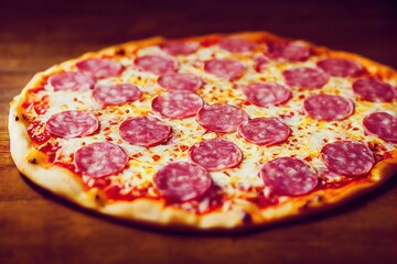 Wall Mural - Pepperoni pizza on golden flattened pizza cheese on wooden table., created with generative ai