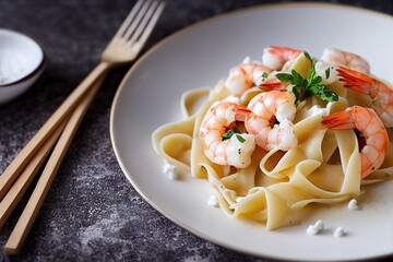 Poster - Cooked pasta with shrimps and sprigs of greens in Italian restaurant., created with generative ai