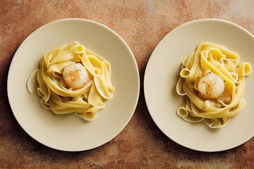 Poster - Delicate cooked seared scallops with side dish of delicious pasta., created with generative ai