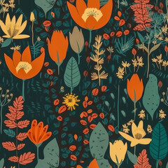 Wall Mural - Folk Floral Botanical Seamless Pattern