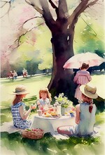 Illustration Of A Family Having A Picnic In The Park. Ai Generative Art.
