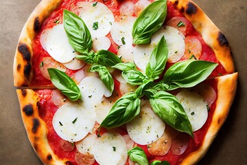 Canvas Print - Fresh Italian margherita pizza with basil leaves and pieces of molten mozzarella., created with generative ai