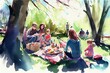 Illustration of a family having a picnic in the park. Ai Generative Art.