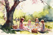 Illustration Of A Family Having A Picnic In The Park. Ai Generative Art.