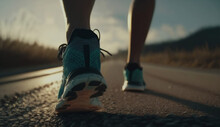 Female Legs Of Runner At Start On Road Close-up. Achieving Goals And Plans, Success In Startup