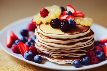 Poster - Pancakes and fruit stacked and covered with fresh forest berries., created with generative ai