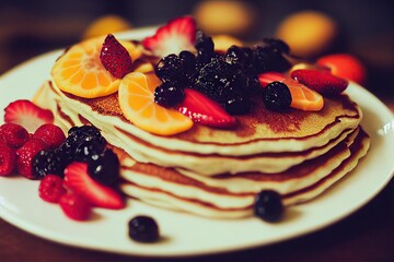 Poster - Pancakes and fruit stacked and covered with fresh forest berries., created with generative ai