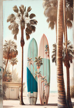Row Of Surfboards On The Beach With Palm Trees And Blue Sky In The Background, AI Generated