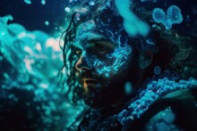 Portrait Man In Underwater With Blue Background. Fictional Person Created With Generative AI