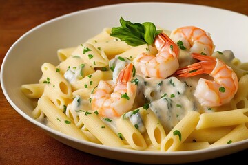 Wall Mural - Delicious Italian pasta with shrimp with addition of delicate creamy sauce., created with generative ai
