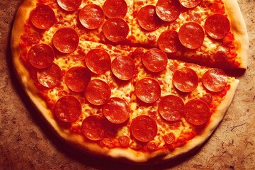 Sticker - Large sliced pepperoni pizza with sausage circles., created with generative ai