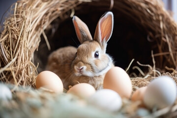 Wall Mural - Cute Easter bunny in a nest of eggs