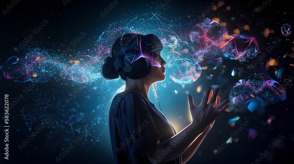 User immersed in augmented reality environment wearing a VR headset ...