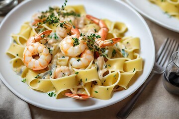 Poster - Delicious Italian pasta with shrimp with addition of delicate creamy sauce., created with generative ai