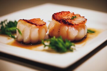 Poster - Delicious freshly cooked seared scallops drizzled with sauce and herbs., created with generative ai