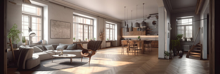 Poster - Interior of modern apartment panorama, generative ai