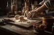 Male hands kneading dough on a wooden table in a bakery, Generative AI