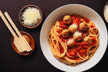 Poster - Delicious and nutritious spaghetti and meatballs on white plates on dark background., created with generative ai